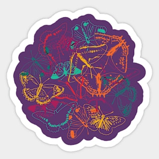 Pattern of colorful neon butterflies over dark violet Sticker